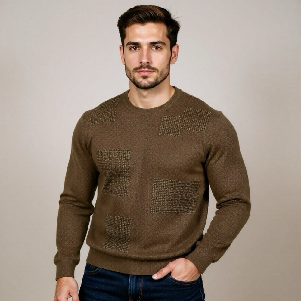 IZOD Sweater Mens Large Brown Pullover Merino Wool Blend Stretchy Crew Neck